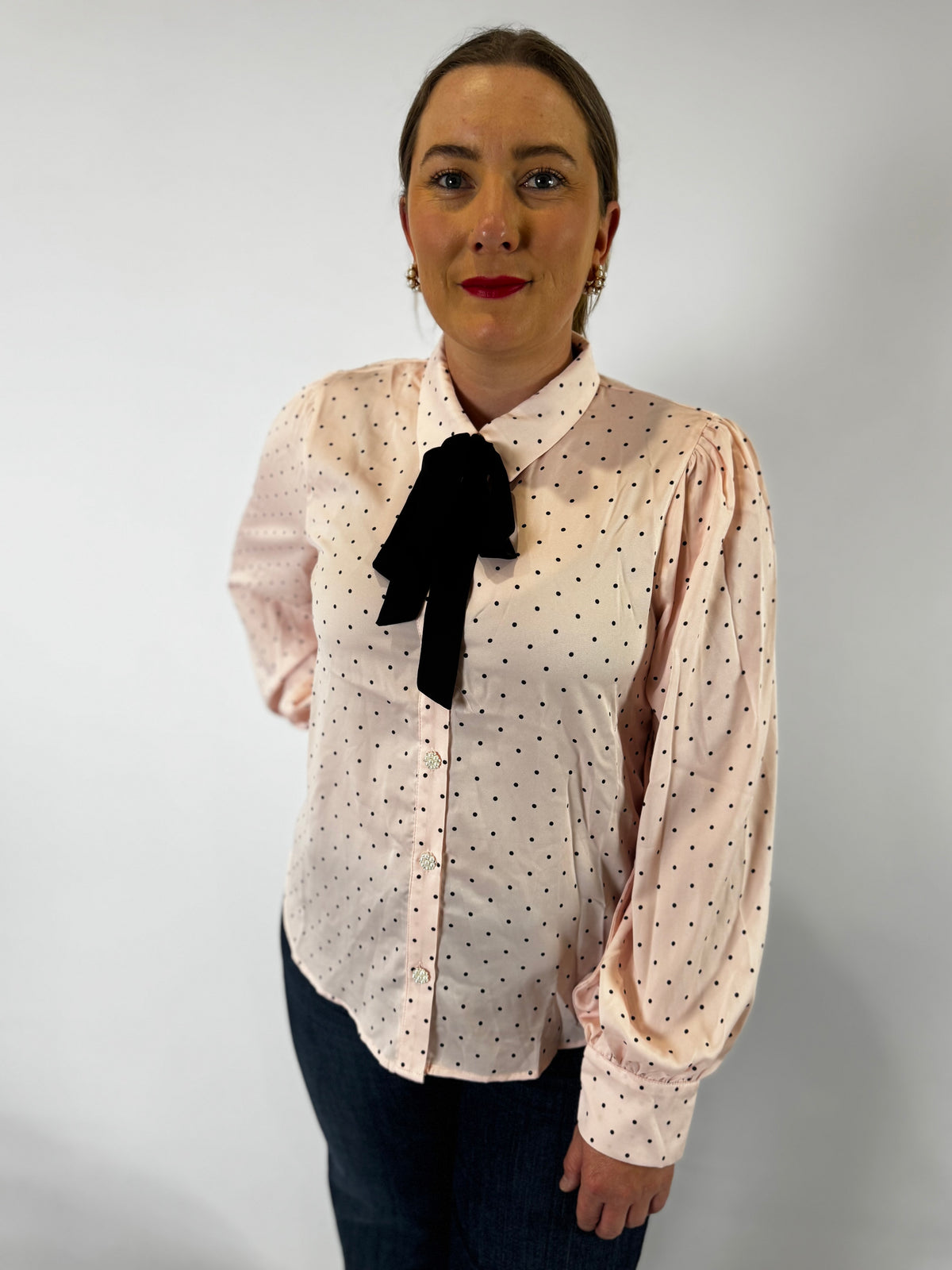 VT81416-A Polka Dot Collared Tie Neck Button Blouse - Blush & Black