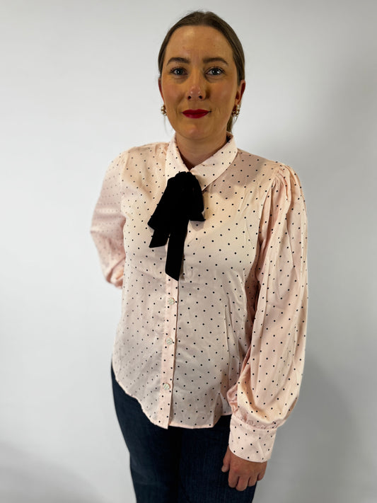 VT81416-A Polka Dot Collared Tie Neck Button Blouse - Blush & Black