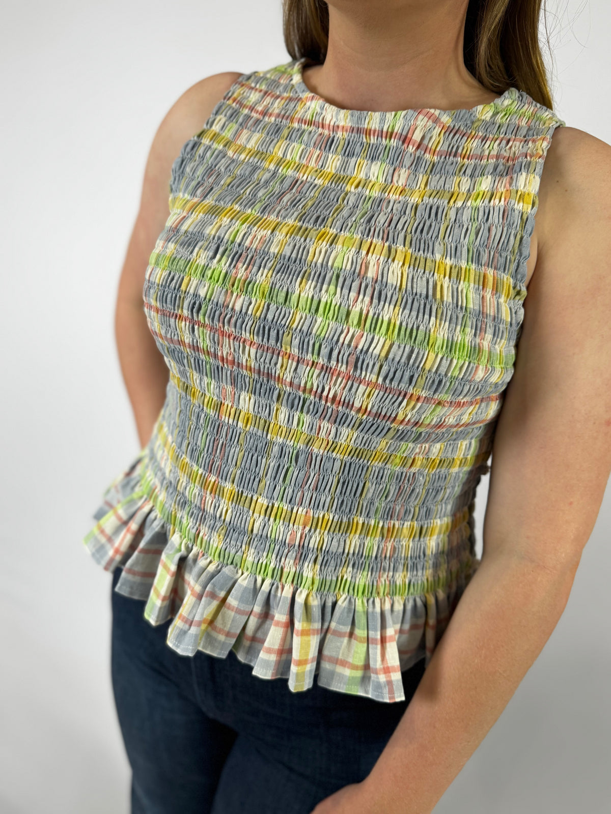 LJC5412 LJC Alma Cotton Shirred Top - Blue Plaid
