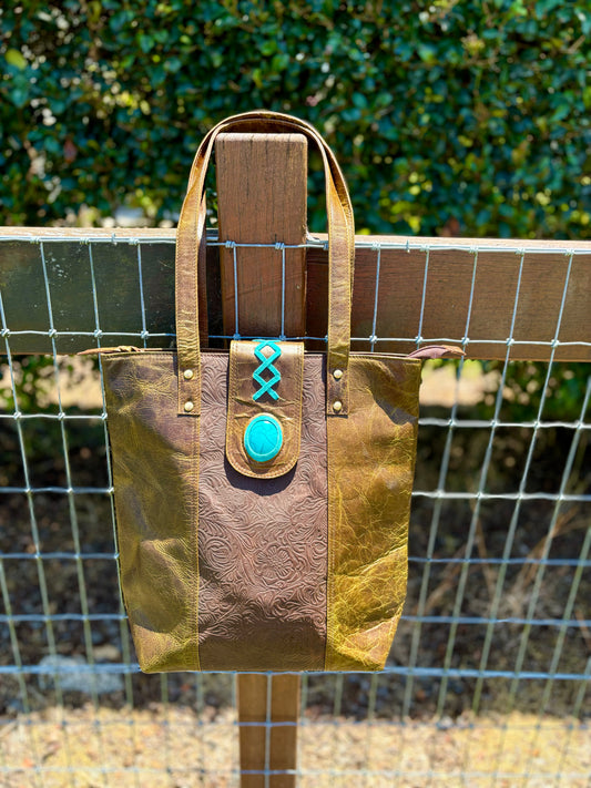 35322 Brown Leather Travel Tote Bag  With Turquoise Stone