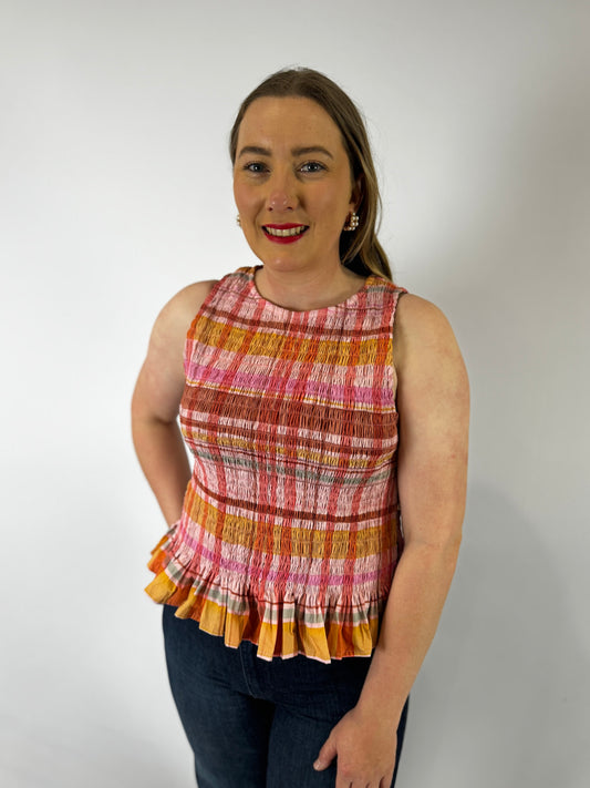 LJC5418 LJC Alma Cotton Shirred Top - Pink Plaid
