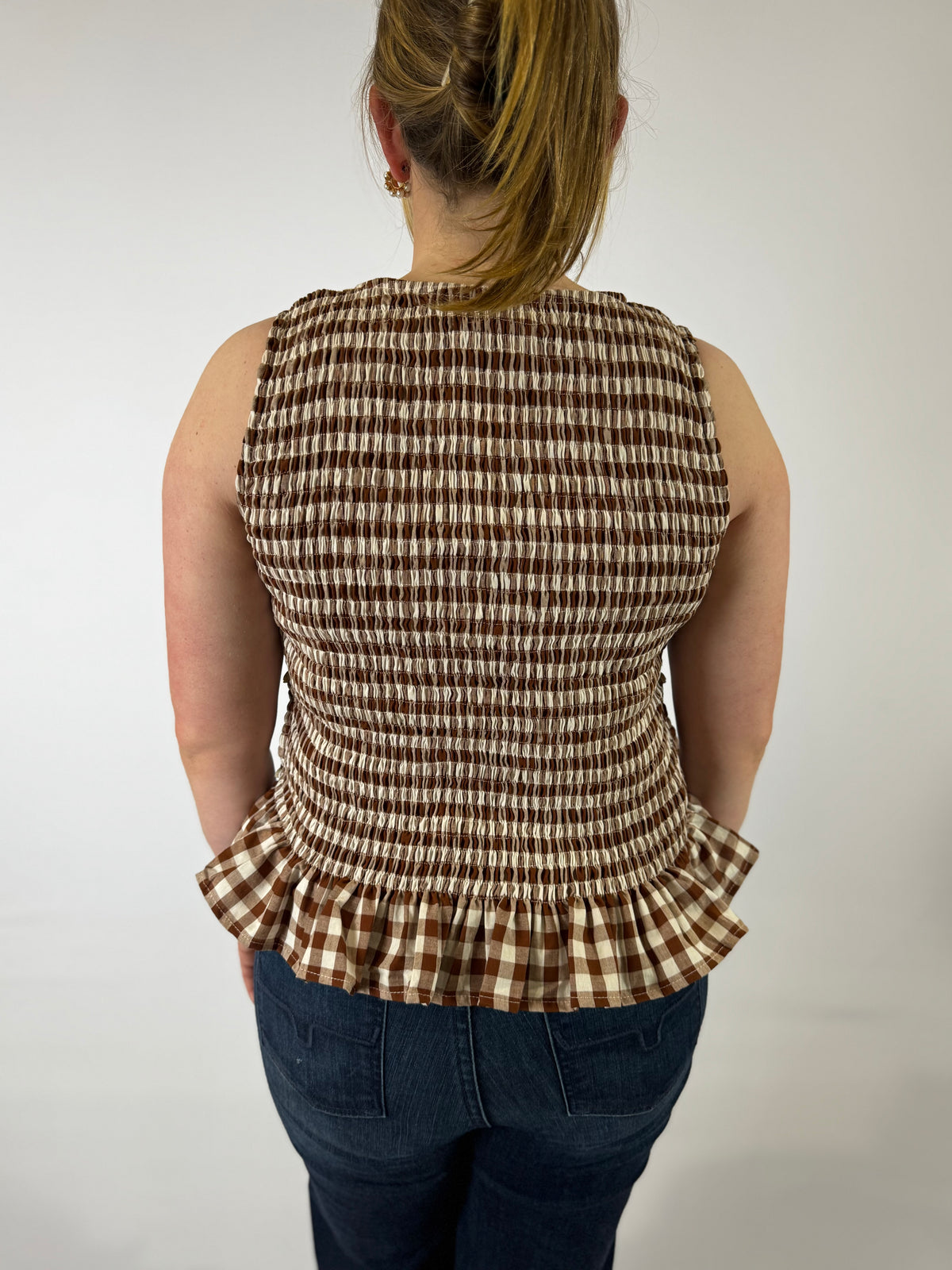 LJC5400 LJC Alma Cotton Shirred Top - Chocolate Gingham