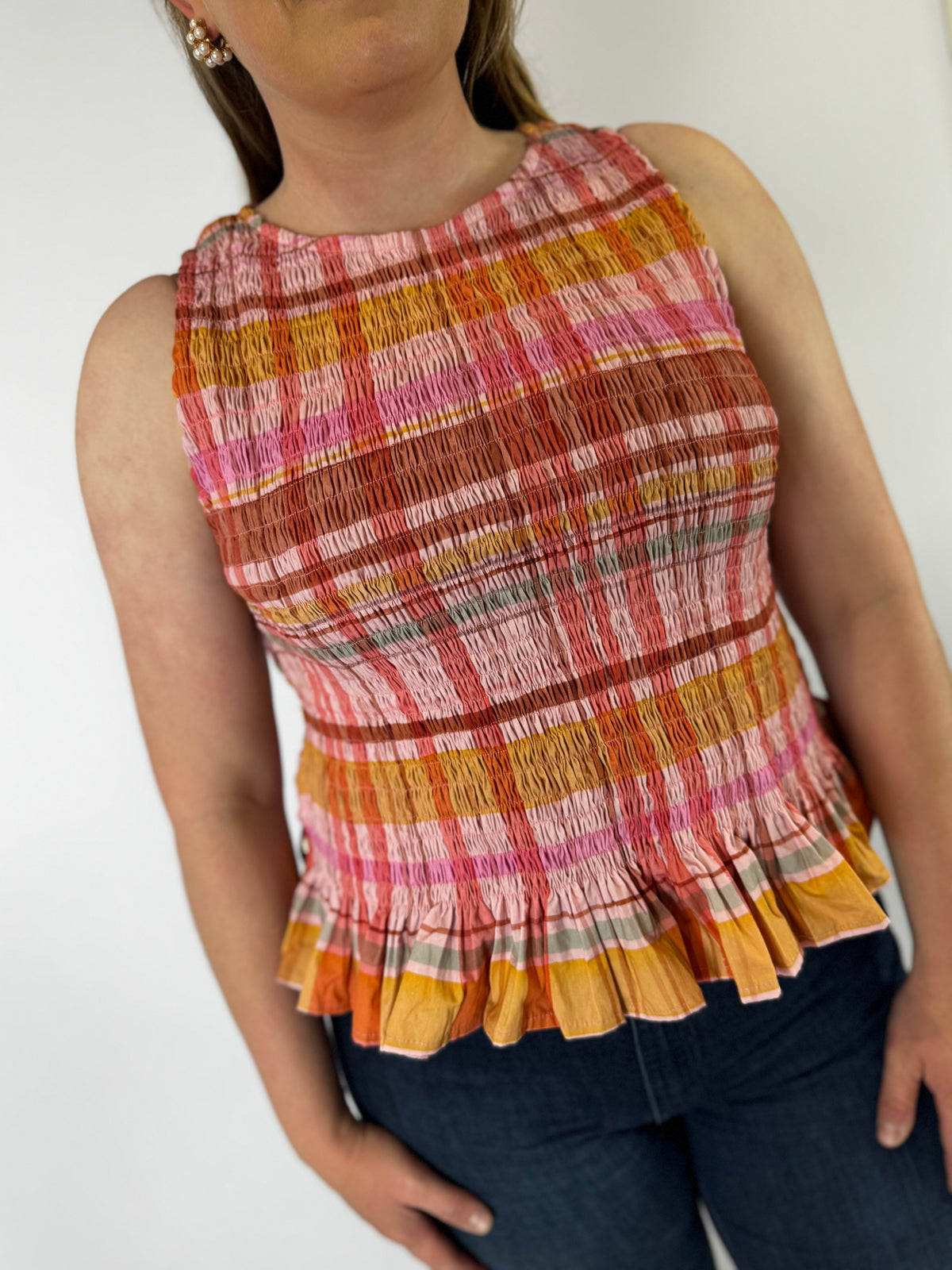 LJC5418 LJC Alma Cotton Shirred Top - Pink Plaid