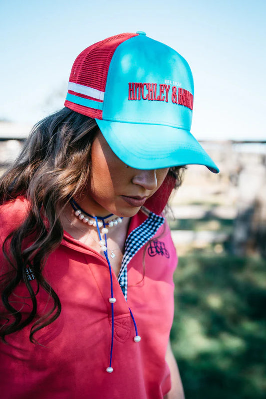 H2232 Hitchley & Harrow Trucker Cap Aqua and Watermelon