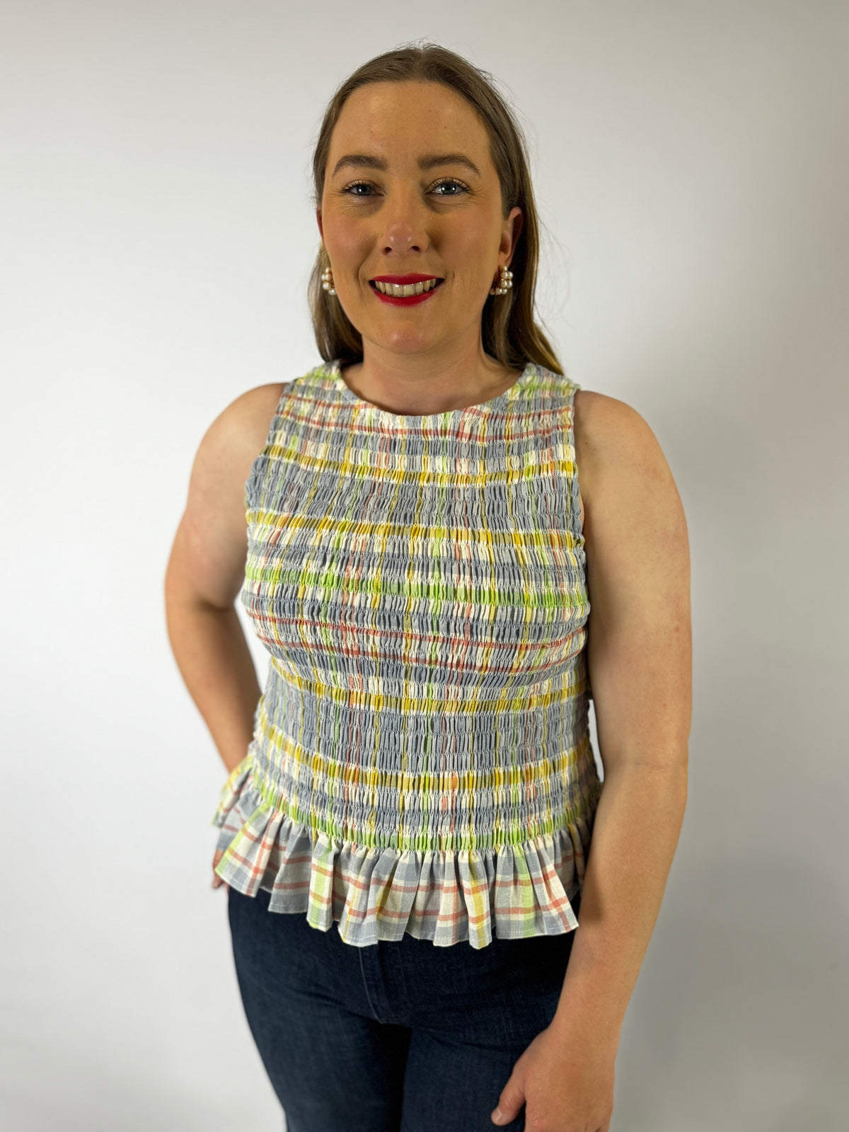 LJC5412 LJC Alma Cotton Shirred Top - Blue Plaid