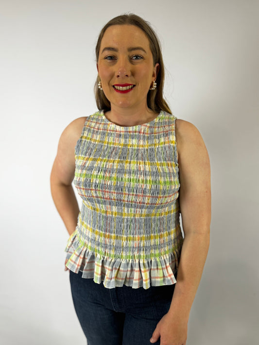 LJC5412 LJC Alma Cotton Shirred Top - Blue Plaid