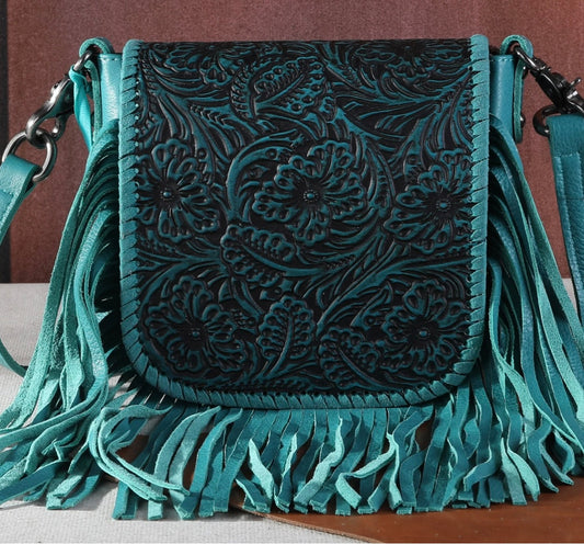 RLC-L159 Montana West Genuine Leather Tooled Collection Fringe Crossbody - Turquoise