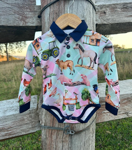 4833 Little Ringers Pink Plaid Farmyard Fishing Romper