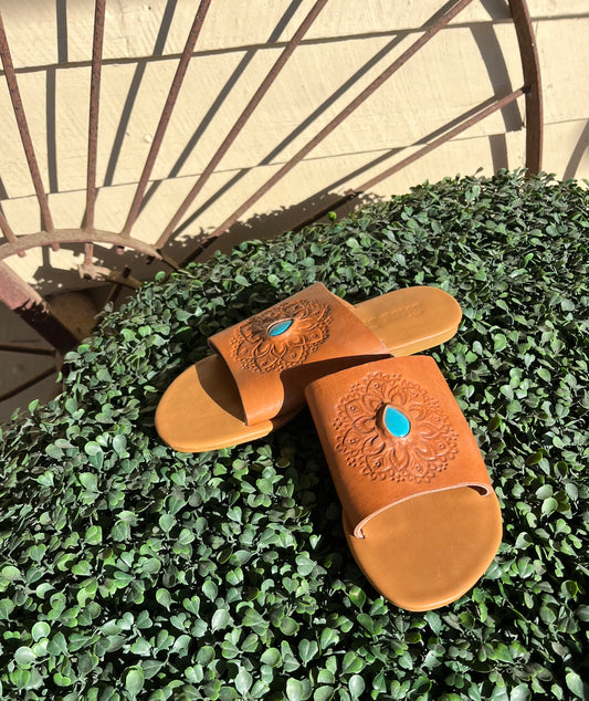 GYPSLITAN Gypsy Women's Tan Leather & Turquoise Stone Slide