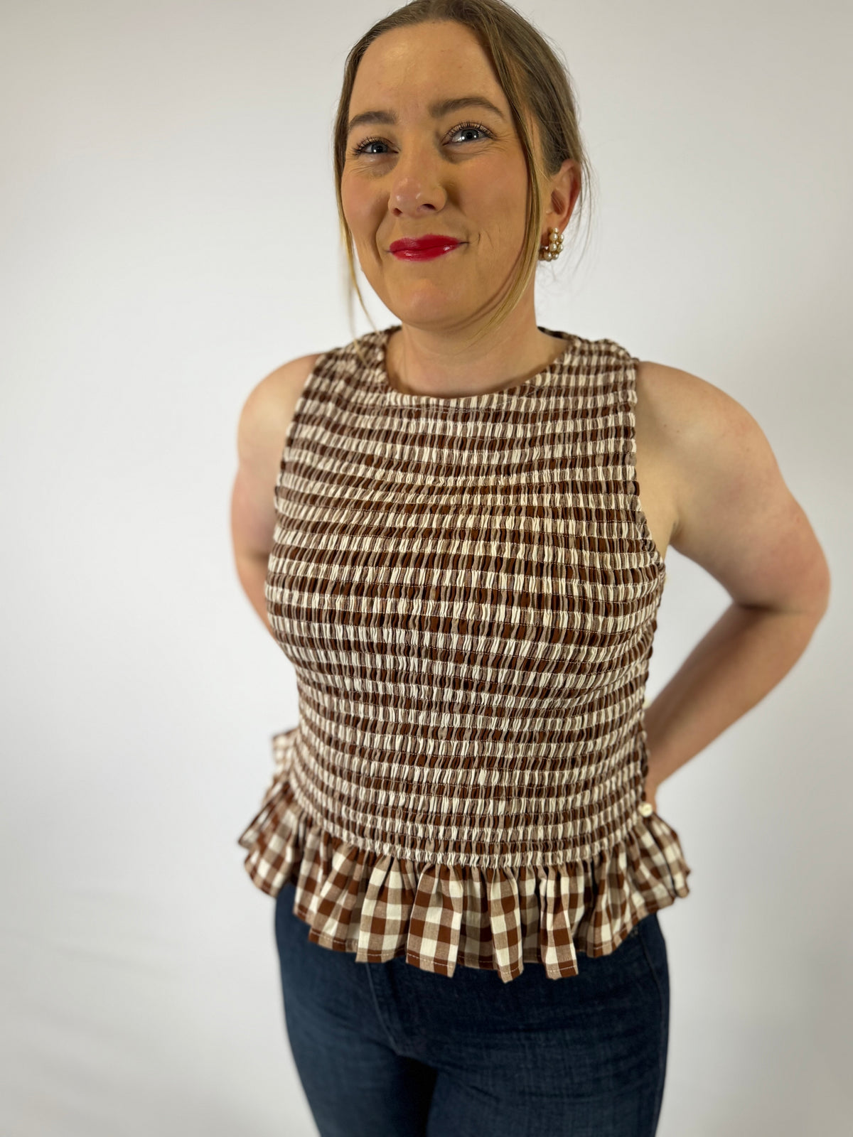 LJC5400 LJC Alma Cotton Shirred Top - Chocolate Gingham