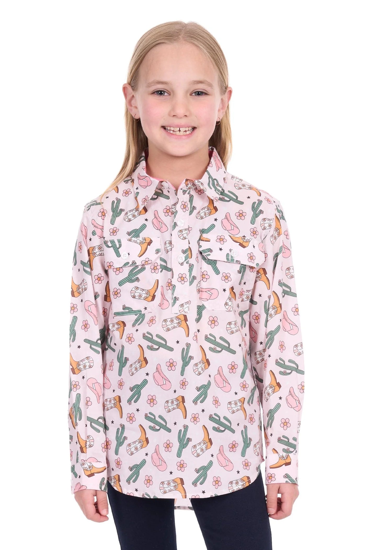 H6W7101170  Hard Slog Girl's Cleo 1/2 PLKT LS Shirt Pink