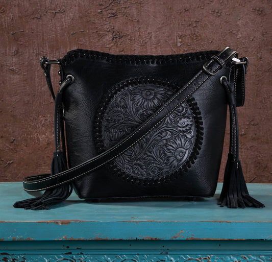 MW1218-8360 Montana West Tooled Collection Saddle Bag - Black