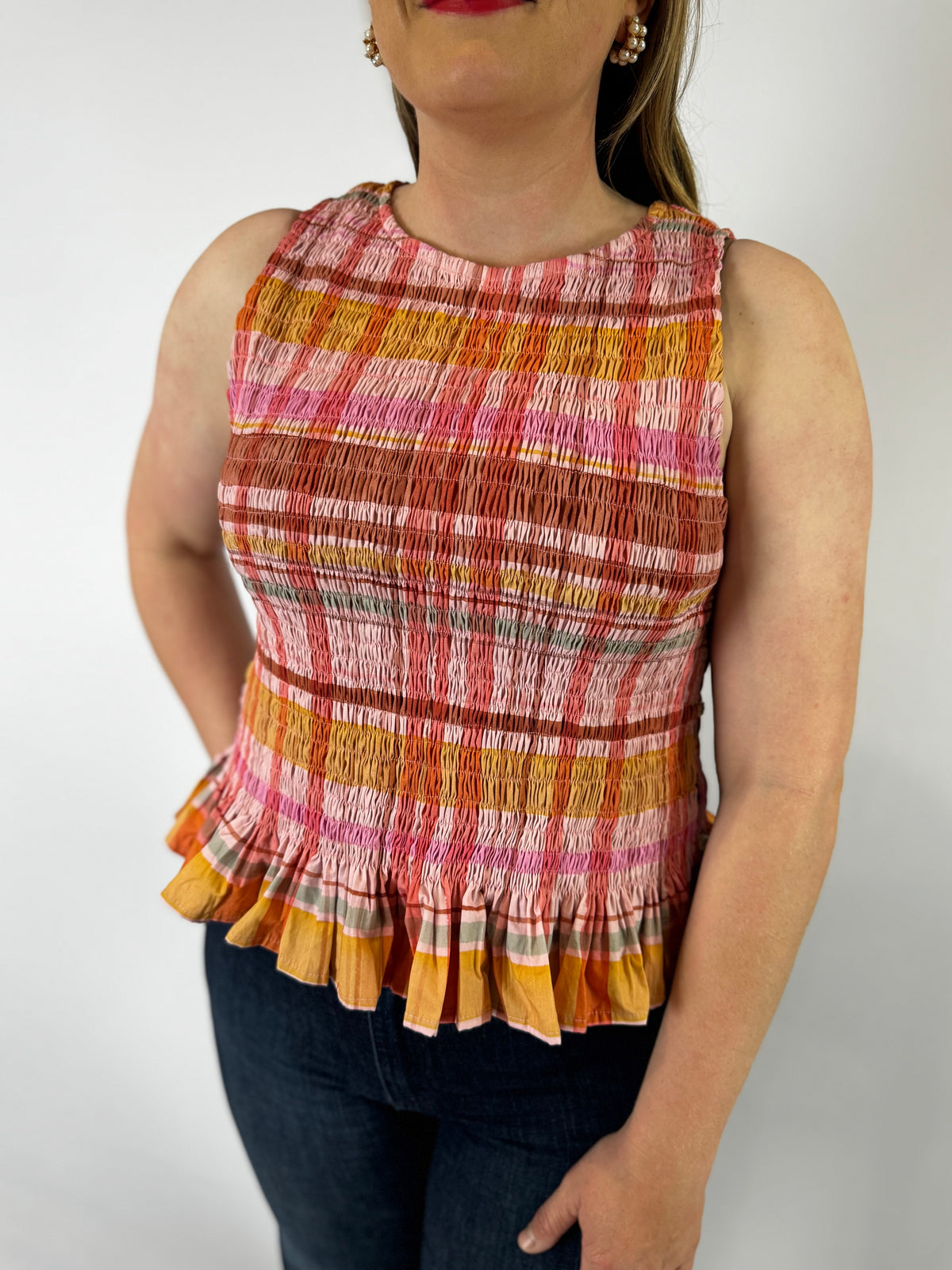 LJC5418 LJC Alma Cotton Shirred Top - Pink Plaid