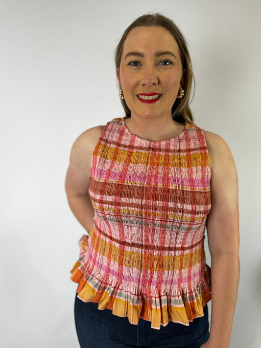 LJC5418 LJC Alma Cotton Shirred Top - Pink Plaid