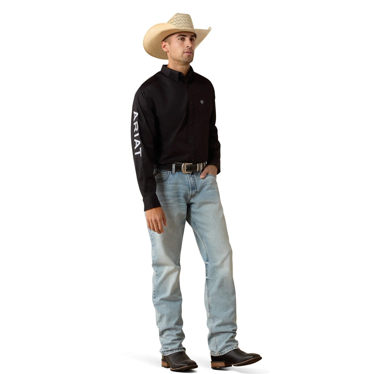 10071685 Ariat Men’s team logo lightweight twill Classic Fit LS shirt Black/ Grey