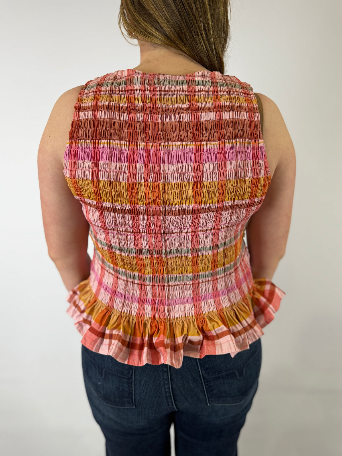 LJC5418 LJC Alma Cotton Shirred Top - Pink Plaid