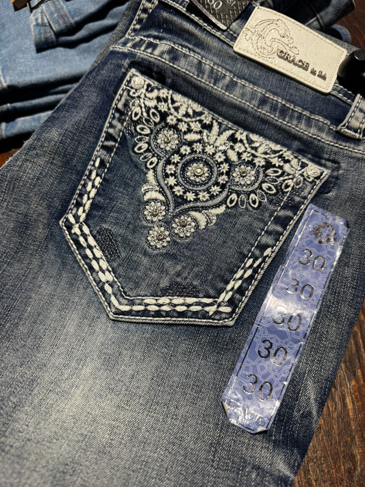 EBS657 LA Grace In La Women's Floral Diamonds Mid Rise Jean