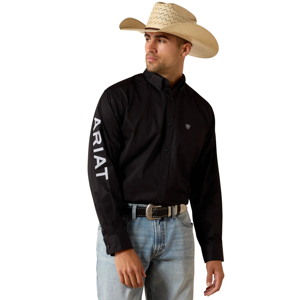 10071685 Ariat Men’s team logo lightweight twill Classic Fit LS shirt Black/ Grey