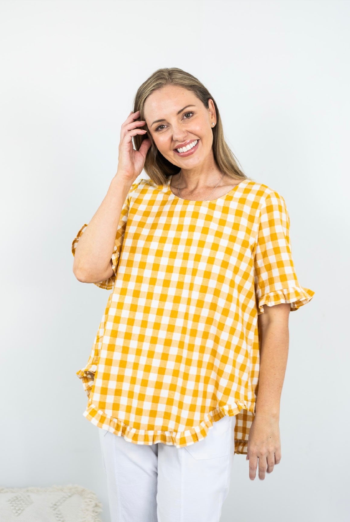 32851-2RTG Gingham Women's Top Mustard