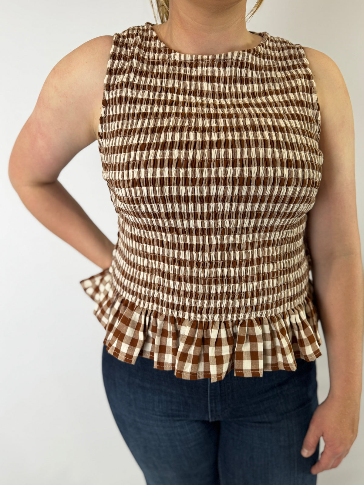 LJC5400 LJC Alma Cotton Shirred Top - Chocolate Gingham