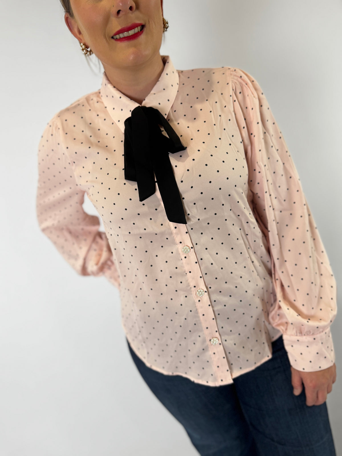 VT81416-A Polka Dot Collared Tie Neck Button Blouse - Blush & Black