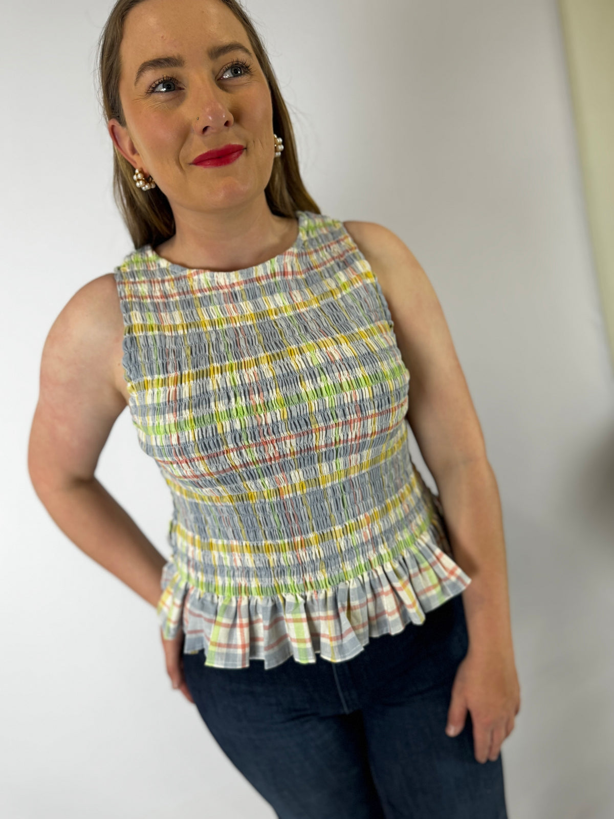 LJC5412 LJC Alma Cotton Shirred Top - Blue Plaid