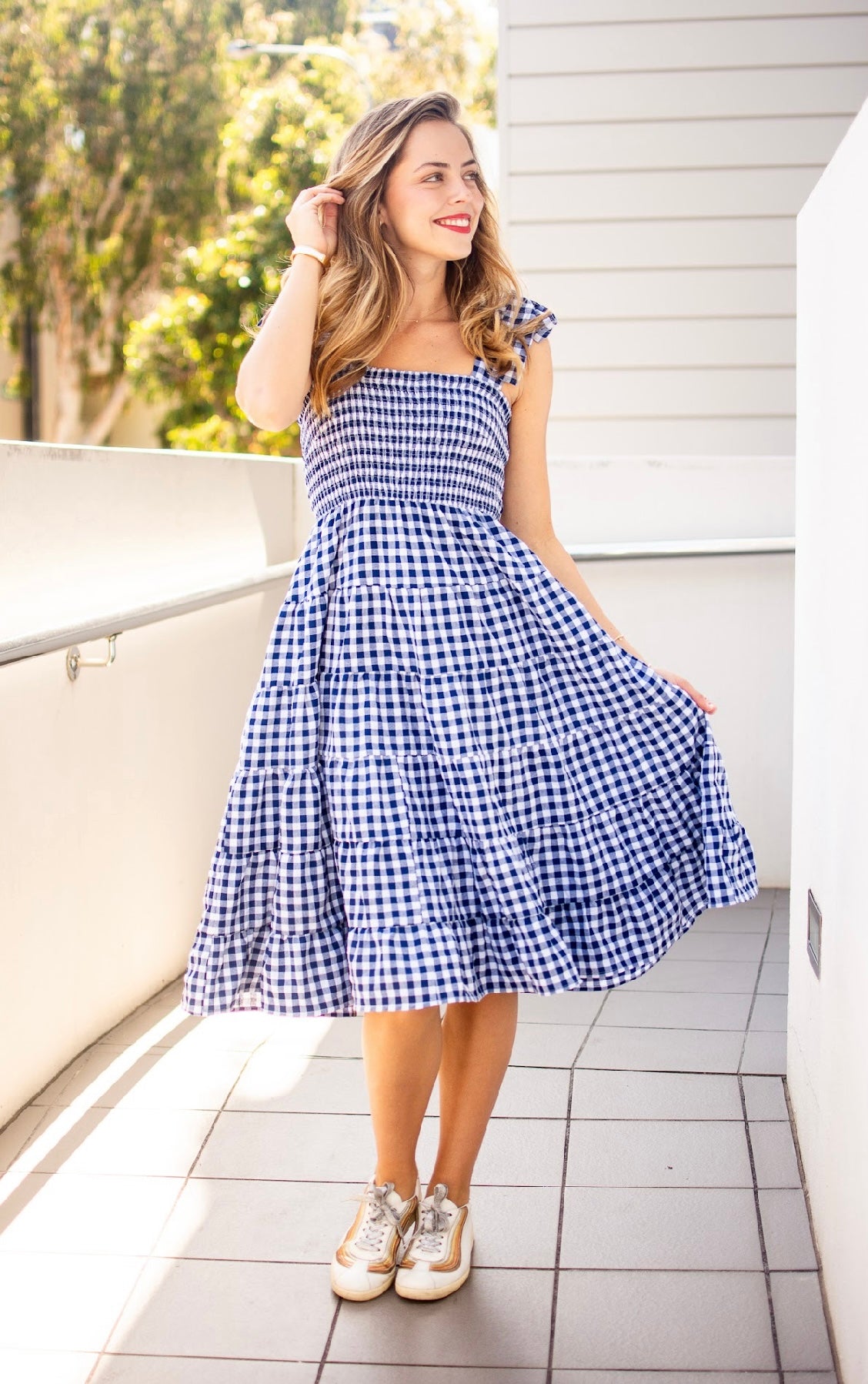 D8998-1-NY Gingham Women's Tier Dress With Lace Trim Navy