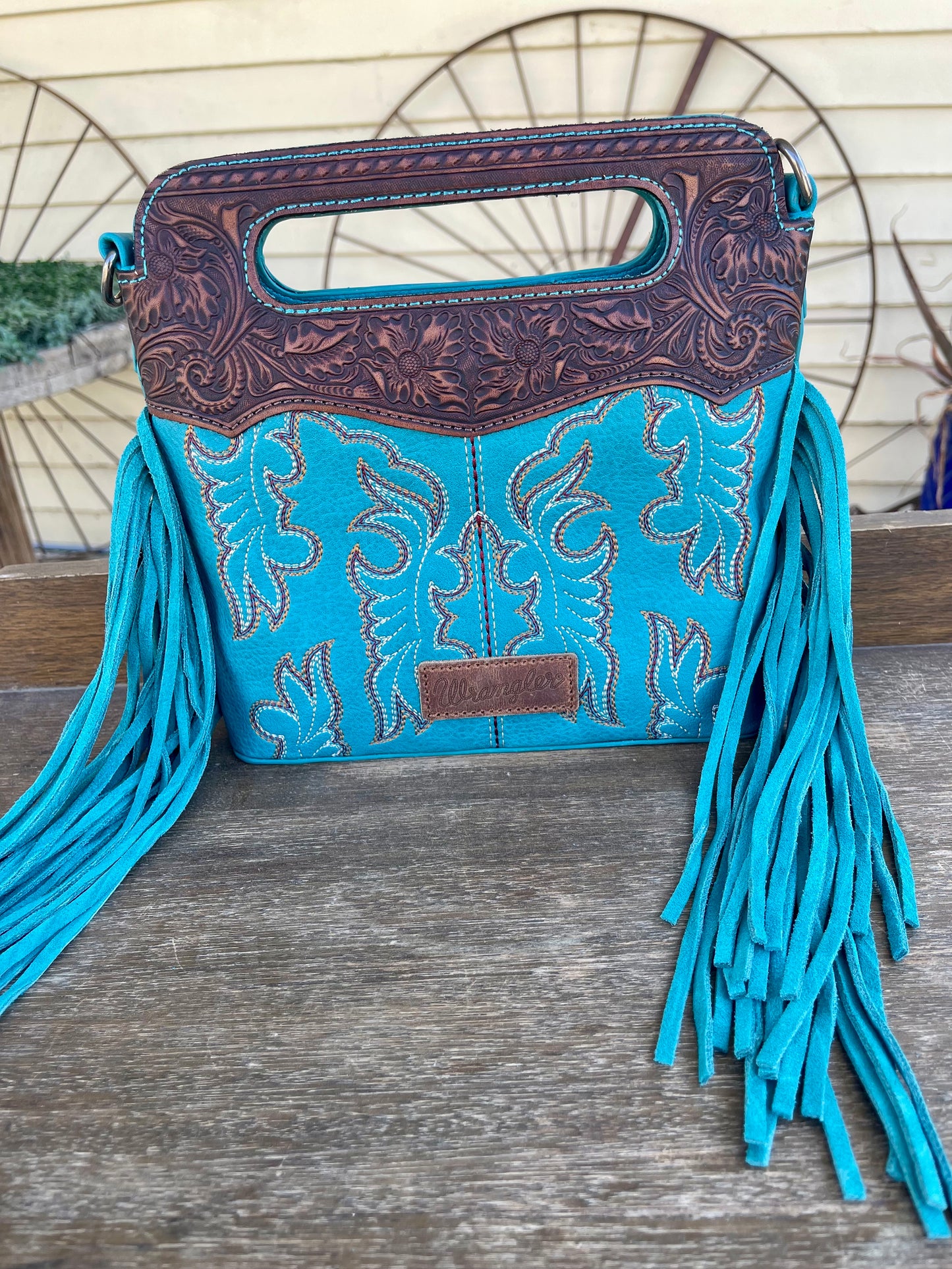 WG110-2022TQ Montana West  Embroidered Fringe mini tote - Turquoise