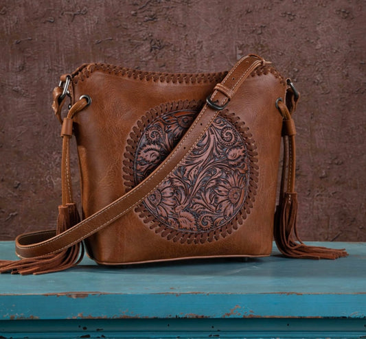 MW1218-8360 Montana West Tooled Collection Saddle Bag - Tl Tan