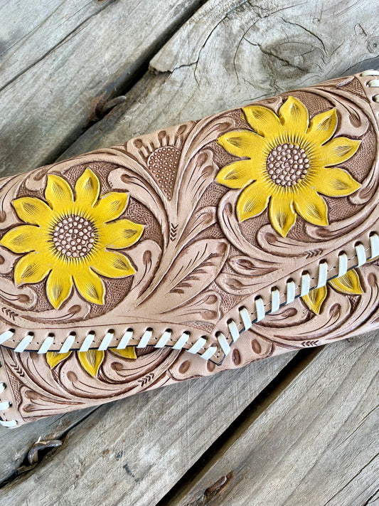 AE4298 Leather Carved Sunflower Purse