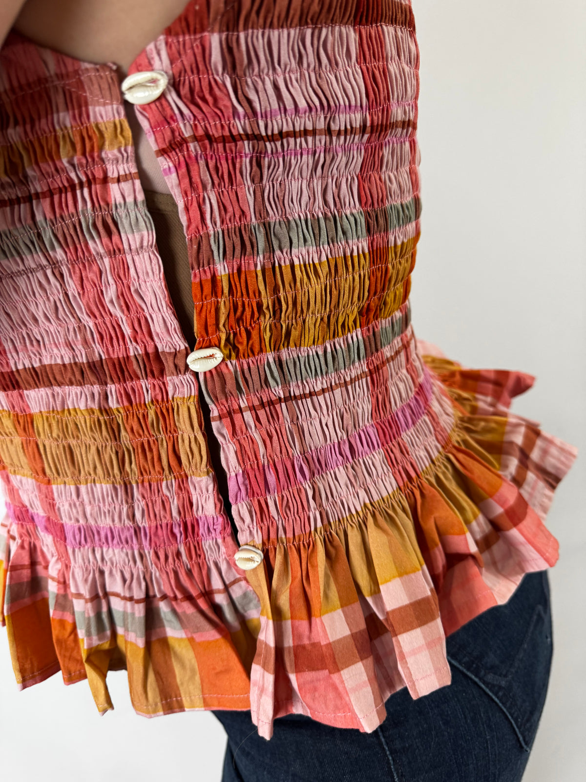 LJC5418 LJC Alma Cotton Shirred Top - Pink Plaid