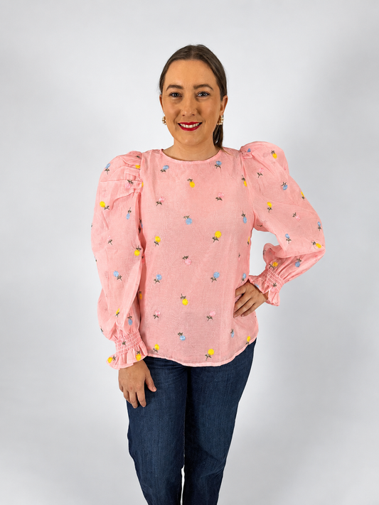 VT60375A Floral Embroidered Long Puff Blouse