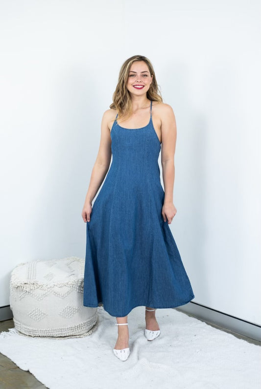 D9150-DN Cot Denim Women's Singlet Flare Midi Dress