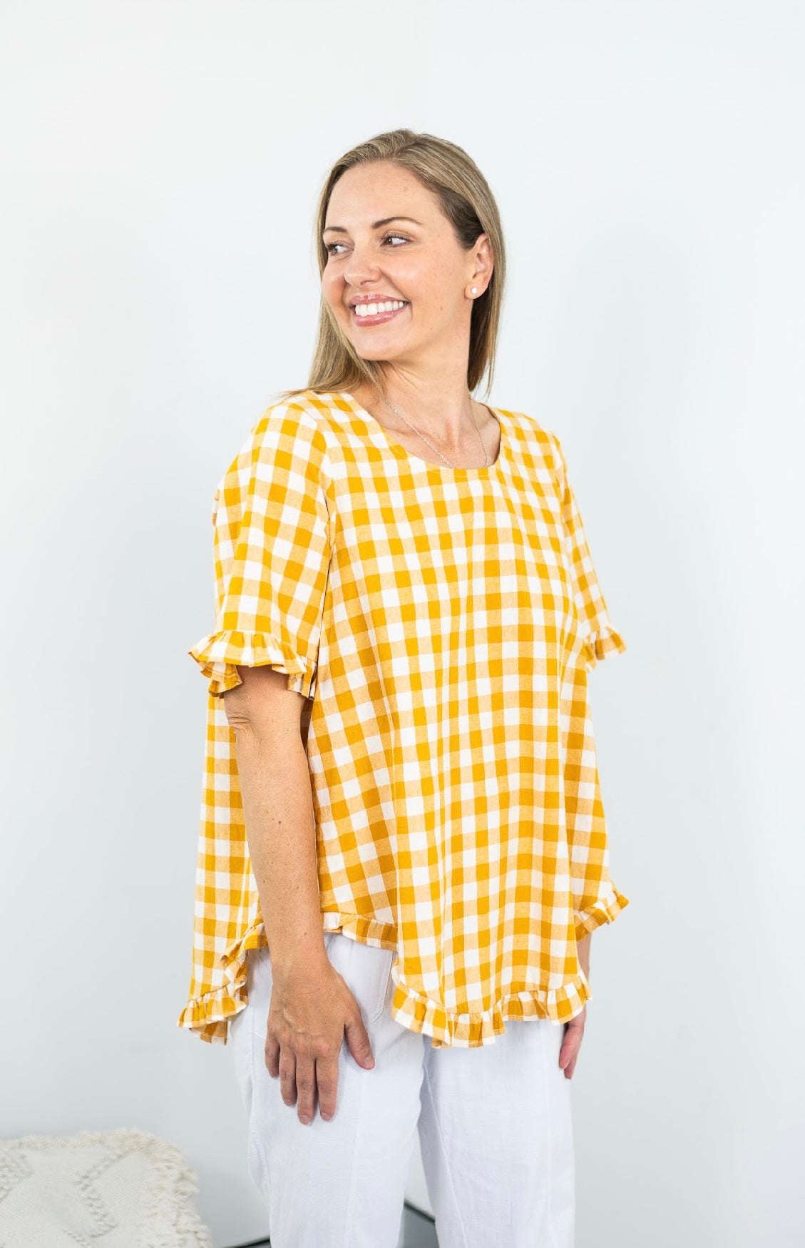 32851-2RTG Gingham Women's Top Mustard