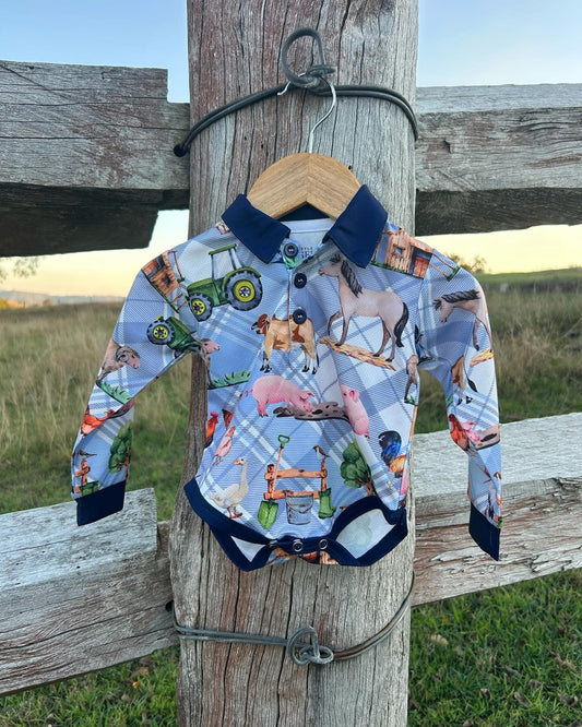 10829 Little Ringers Blue Plaid Farmyard Fishing Romper