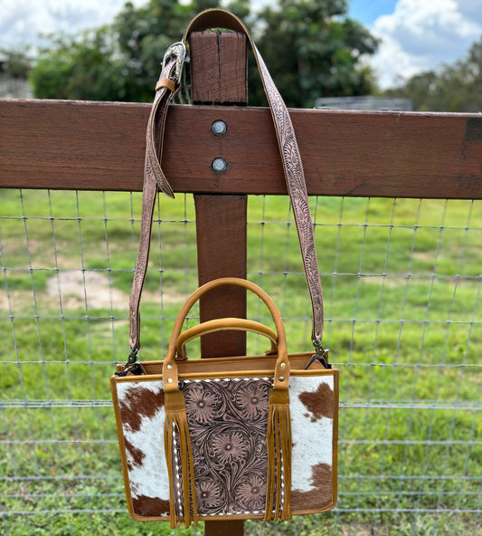 AE2247 Carved Tooled Leather Hide Crossbody Handbag