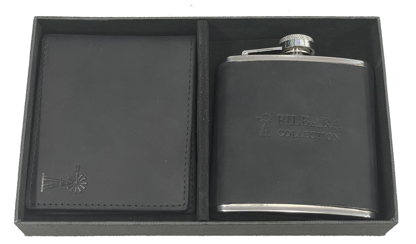 RMPA009.BLACK Pilbara Leather Wallet & Hip Flask Black One Size