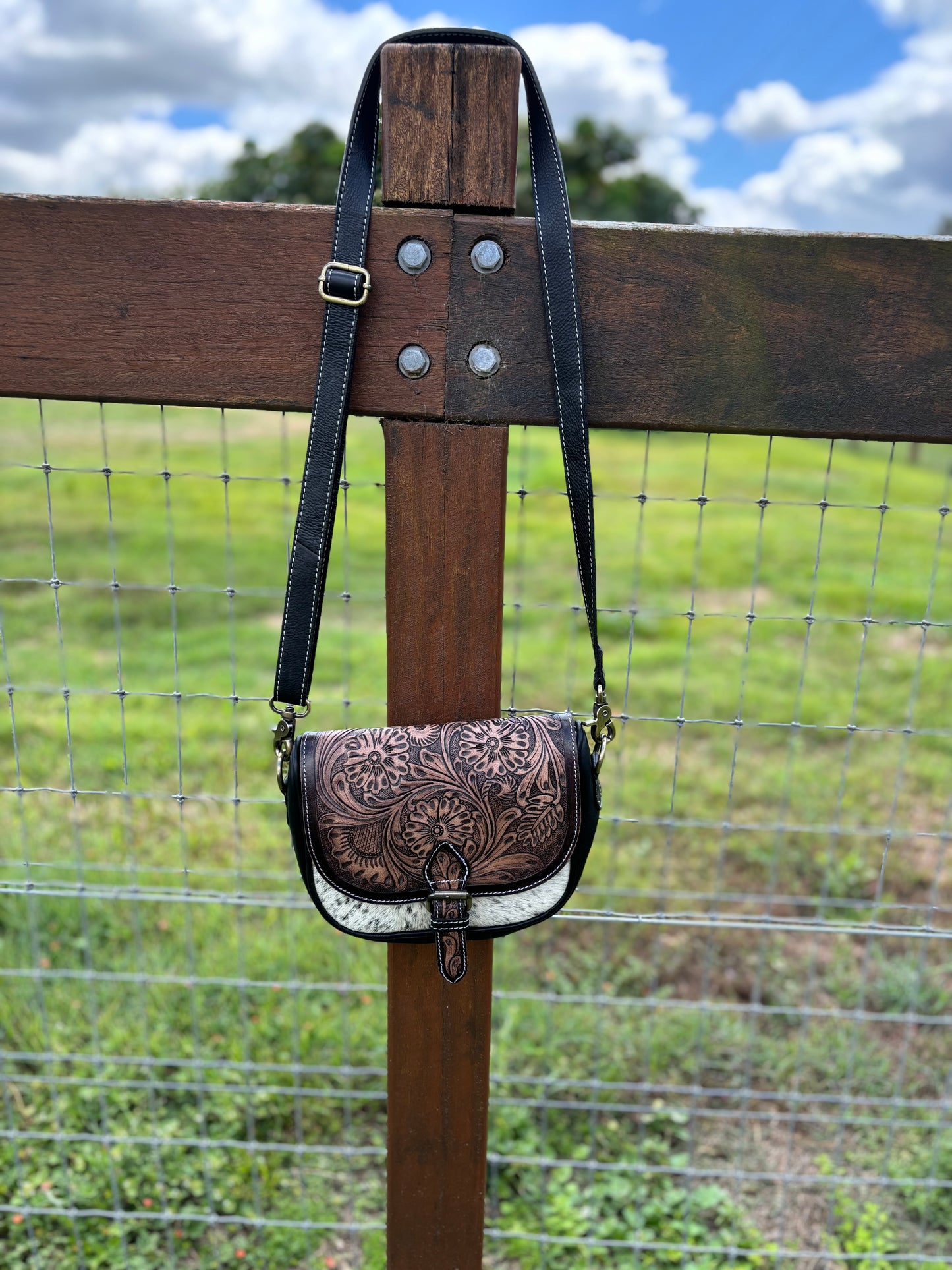 AE2493BRN Floral Brown Hide Leather Crossbody