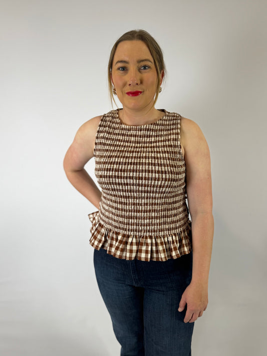 LJC5400 LJC Alma Cotton Shirred Top - Chocolate Gingham