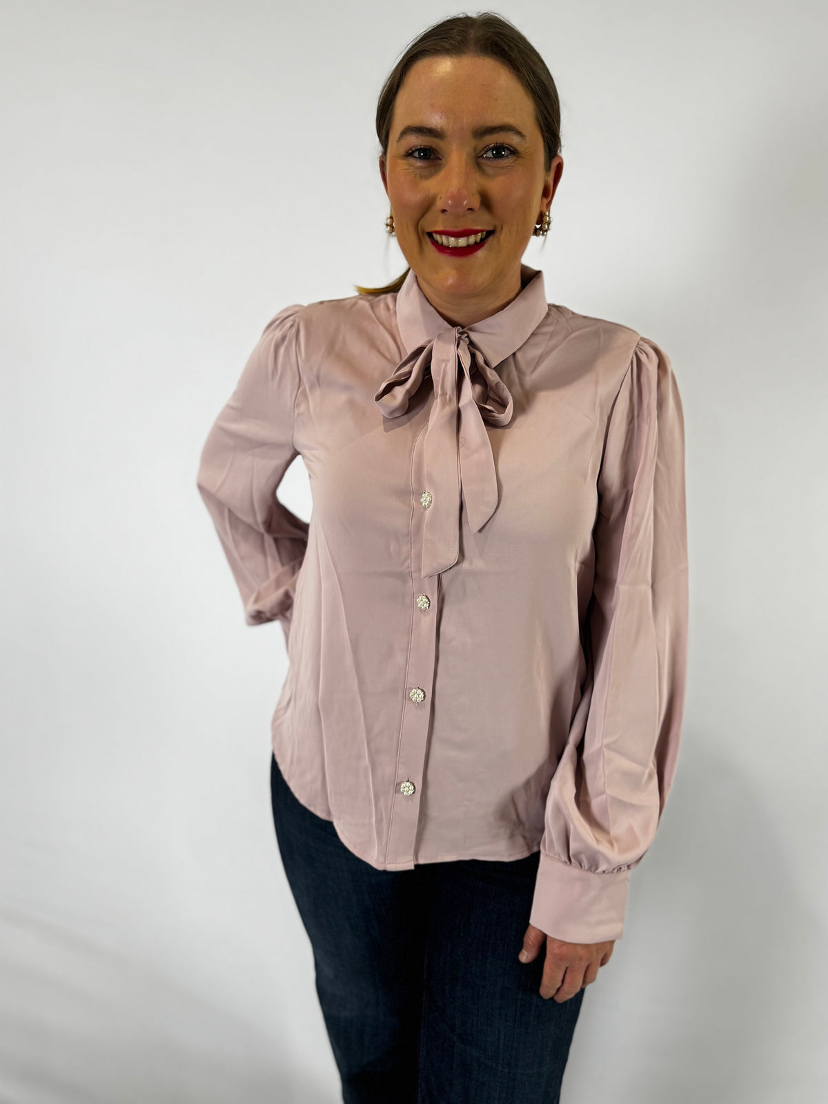 VT81416  Collared Tie Neck Button Blouse - Blush