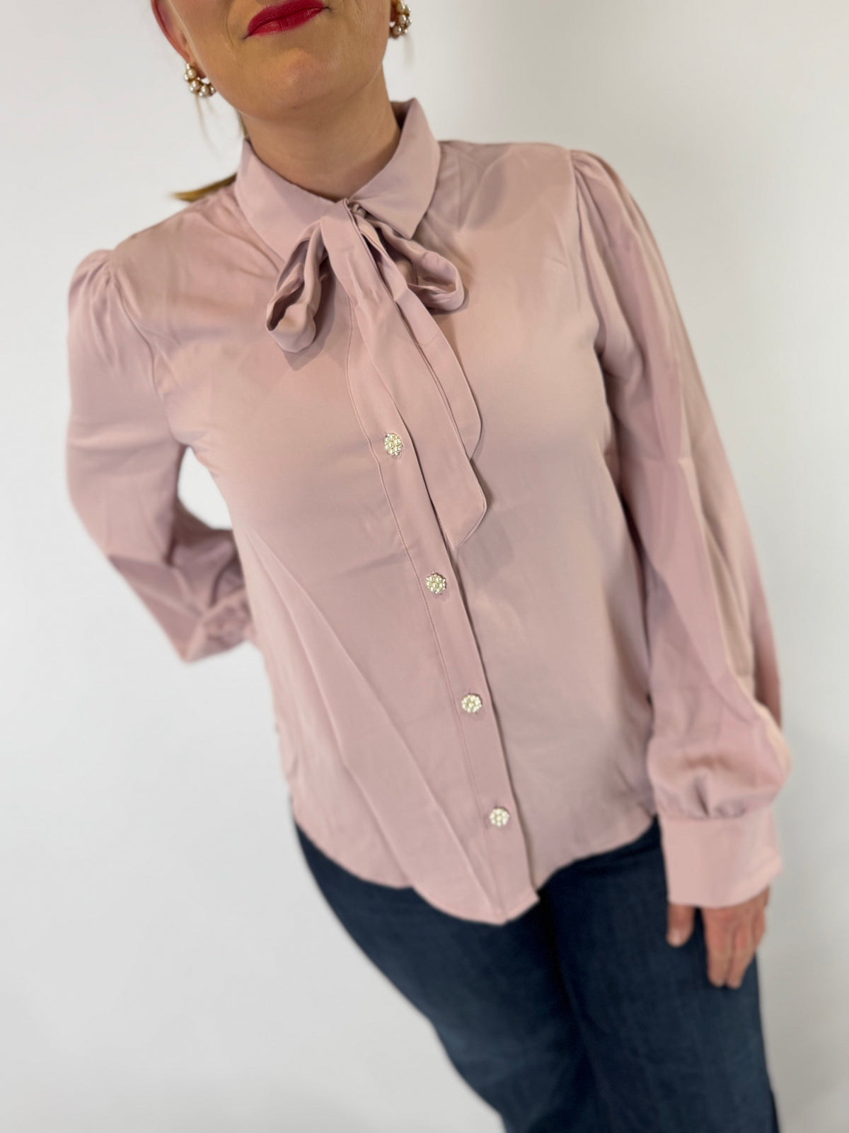 VT81416  Collared Tie Neck Button Blouse - Blush