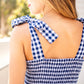 D8998-1-NY Gingham Women's Tier Dress With Lace Trim Navy