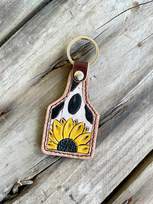 AE9027 Carved leather Sunflower Keychain