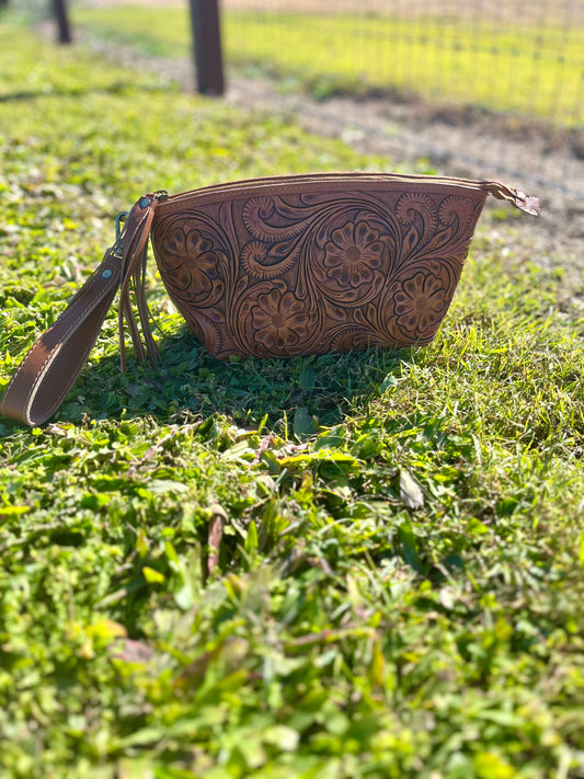 AE2519 Mabel Tooled Leather Cosmetic Bag