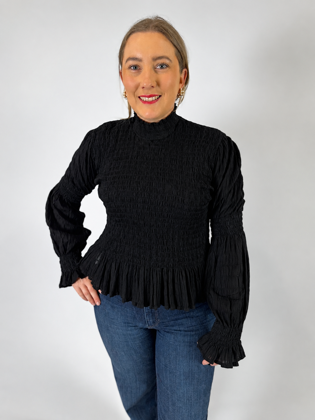 LJC129 LJC Violet Shirred Top Seerucker - Black
