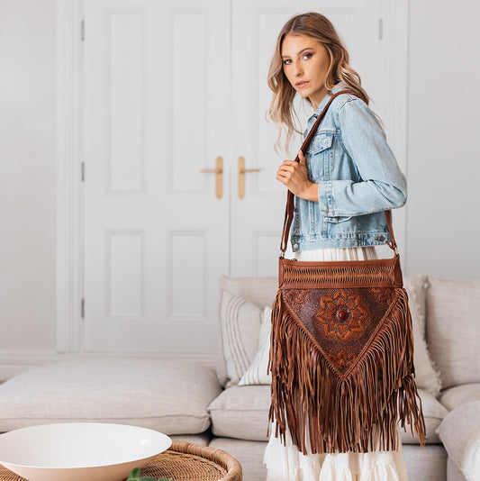 DETSTO&FRIBAGTOB Detailed Stone & Fringe Bag - Tobacco