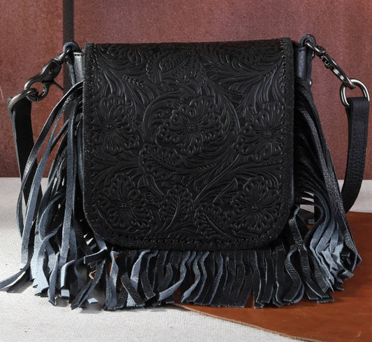 RLC-L159 Montana West Genuine Leather Tooled Collection Fringe Crossbody - Black