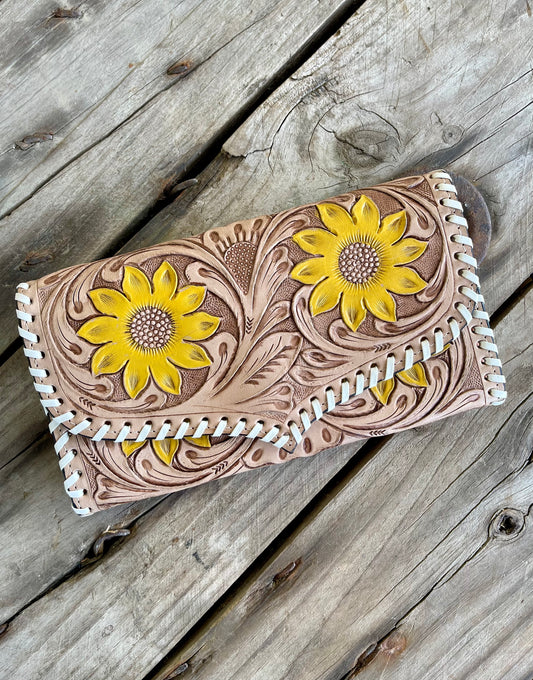 AE4298 Leather Carved Sunflower Purse