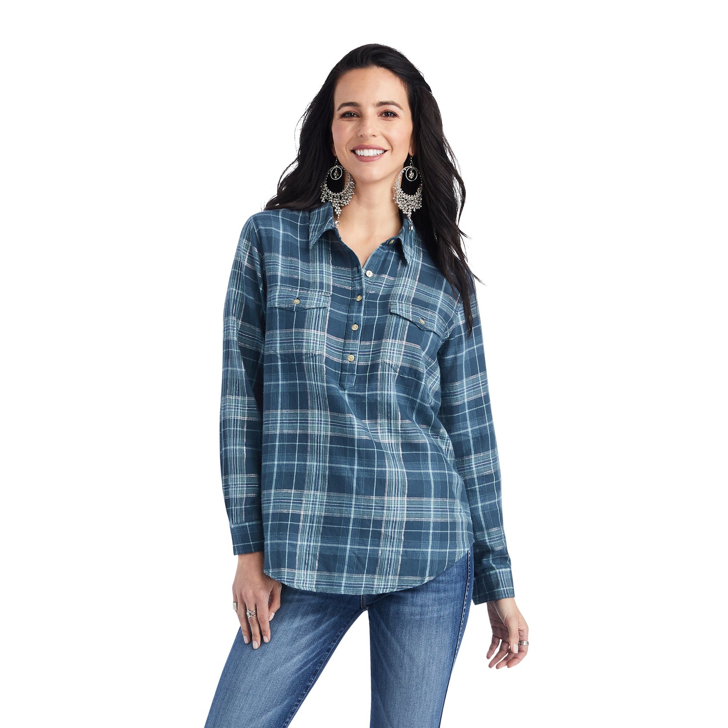 10042291 Ariat Women's Real Billie Jean Popover LS Shirt Lurex Plaid