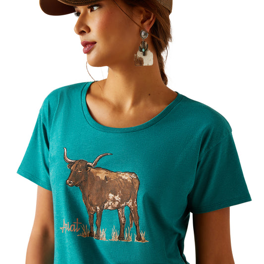 10047920 Ariat Women's Longhorn Watercolour SS T Shirt Teal Green Heather
